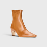JONES + CO Wally ankle boot in cashew distressed leather with a pointed rectangular toe and slim blade heel.