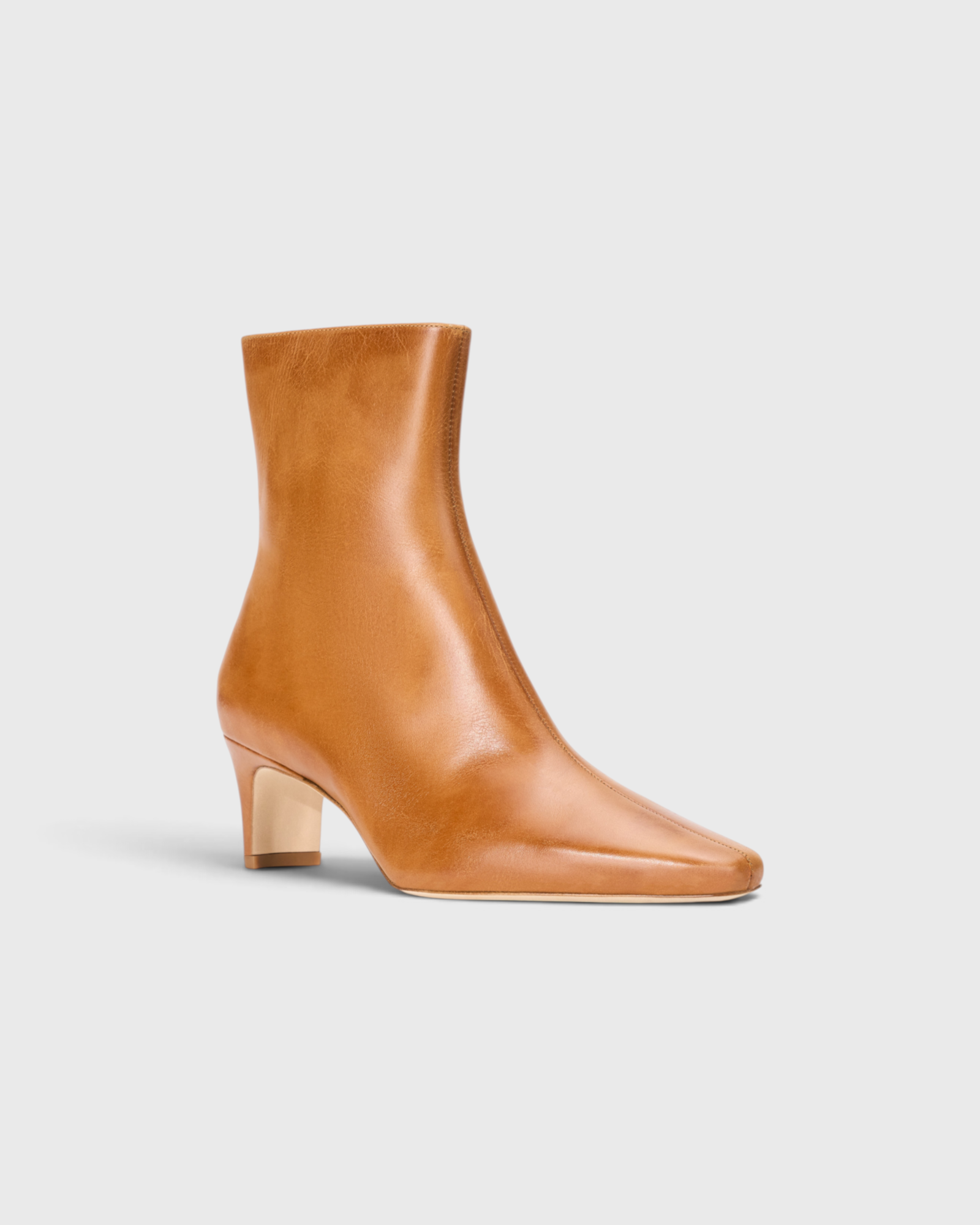 JONES + CO Wally ankle boot in cashew distressed leather with a pointed rectangular toe and slim blade heel.