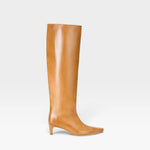 JONES + CO Wally knee-high boot in distressed cashew leather with a pointed toe and slim kitten heel.