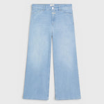 JONES + CO Wera light blue super-stretch denim jeans with a high waist and relaxed cropped leg fit.