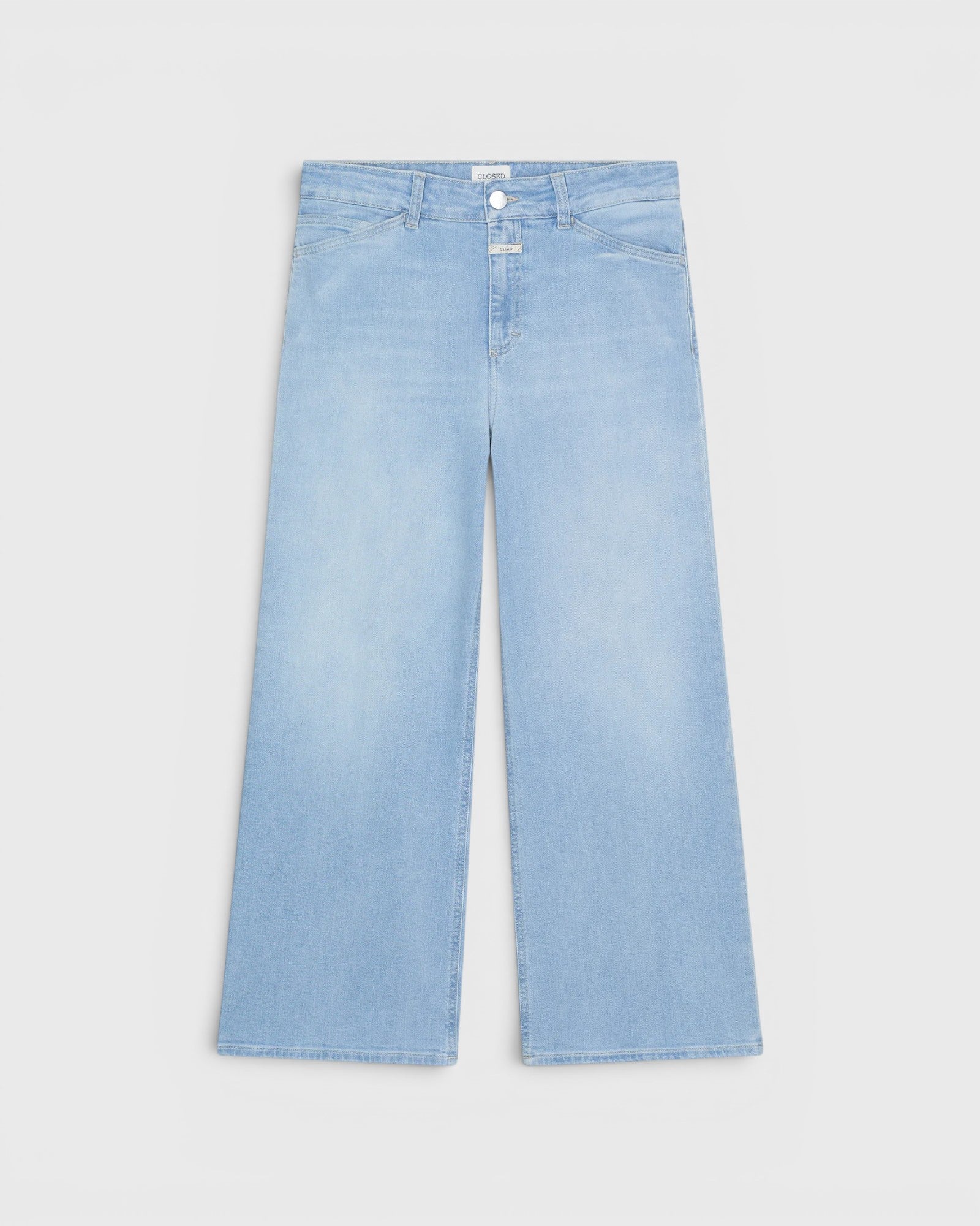 JONES + CO Wera light blue super-stretch denim jeans with a high waist and relaxed cropped leg fit.