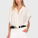 JONES + CO white Trinity button top in lightweight brushed cotton with a relaxed boxy fit and open collar