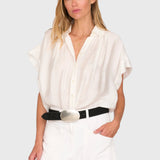 JONES + CO white Trinity button top in lightweight brushed cotton with a relaxed boxy fit and open collar