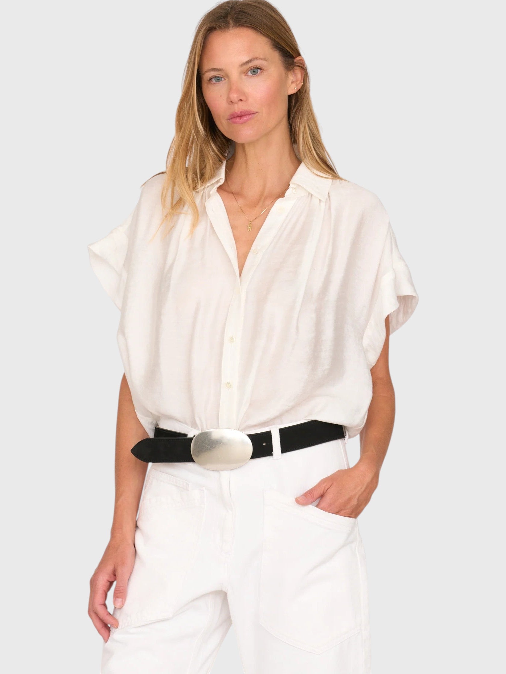 JONES + CO white Trinity button top in lightweight brushed cotton with a relaxed boxy fit and open collar
