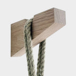 JONES + CO handmade square notched wall mount bracket crafted from untreated white oak with a hanging rope detail.