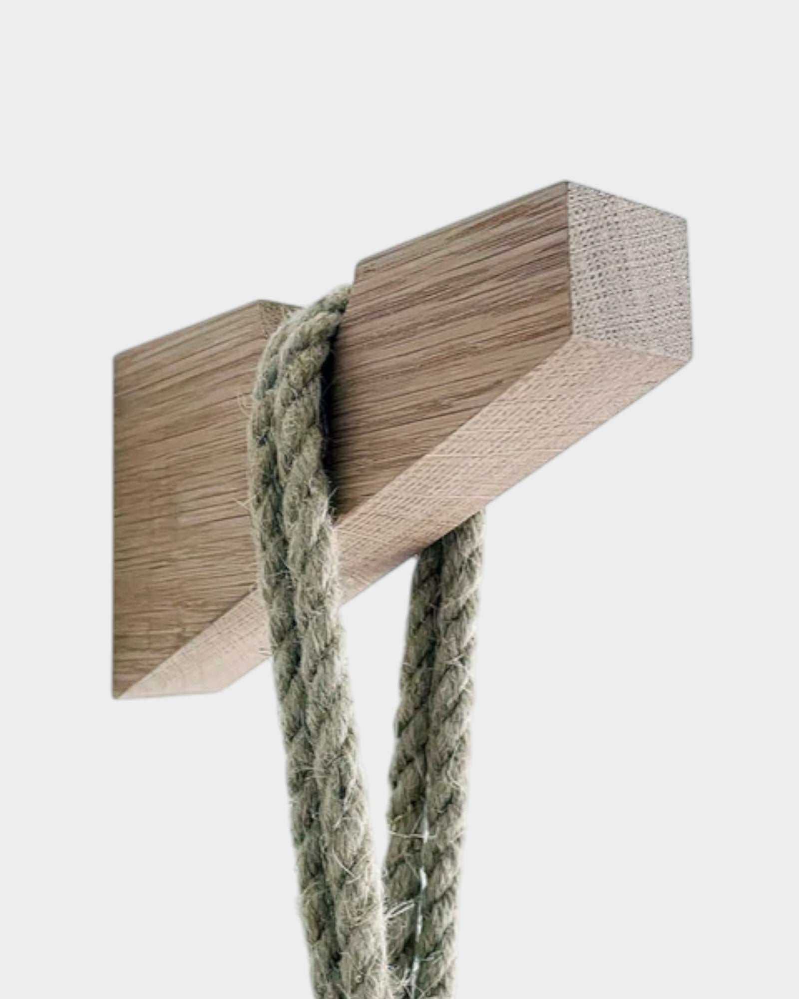 JONES + CO handmade square notched wall mount bracket crafted from untreated white oak with a hanging rope detail.