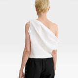 JONES + CO white one-shoulder Farfalla top in sculptural Italian Foam fabric with draped gathered shoulder detail