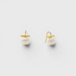 JONES + CO white pebble pearl drop earrings with 14k gold over brass bar and handmade ear wires on white background