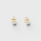 JONES + CO white pebble pearl drop earrings with 14k gold over brass bar and handmade ear wires on white background