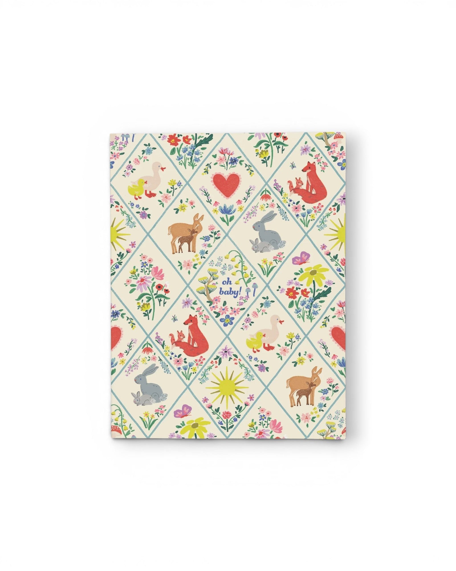 JONES + CO Woodland Critters Oh Baby card featuring a diamond pattern with flowers, hearts, and cute forest animals.