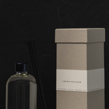 A diffuser bottle and packaging box on a dark surface with a black background