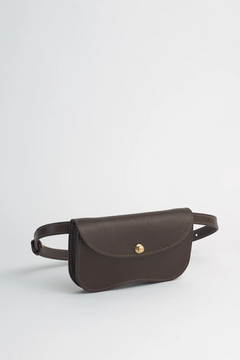 Brown leather waist bag on a light gray background