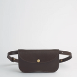 Brown belt bag with gold buckle on a light gray background