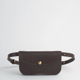 Brown belt bag with gold buckle on a light gray background