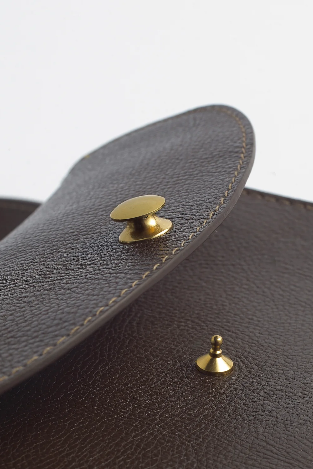 Close-up of a brown leather bag with gold hardware on a white background