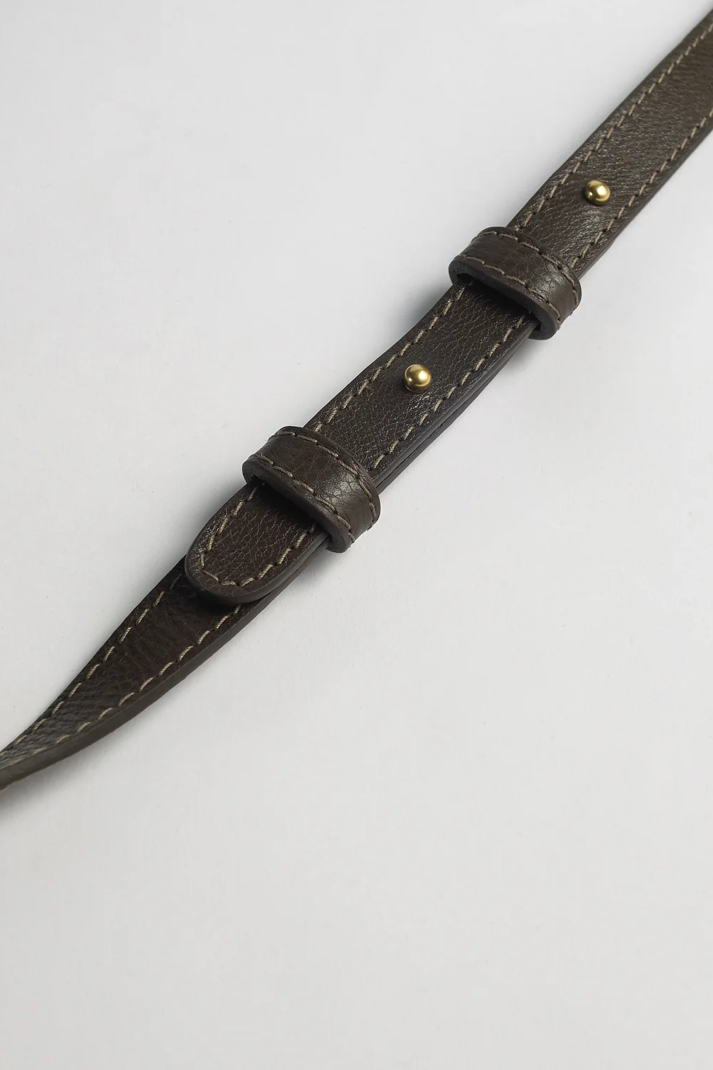 Brown leather strap with gold hardware on a light gray background