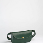 Green leather waist bag on a white background