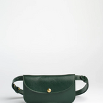 Green leather waist bag on a white background