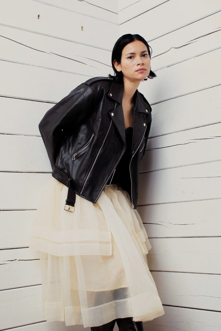 Person wearing a black leather jacket and layered outfit against a white wooden wall.