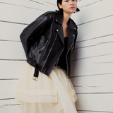 Person wearing a black leather jacket and layered outfit against a white wooden wall.