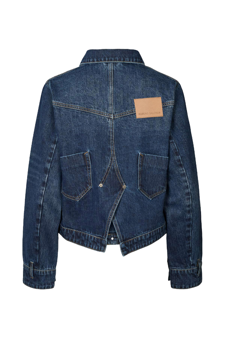 Blue denim jacket with a brown patch on a white background