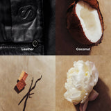 Four scents represented by images of leather, coconut, vanilla & cedar, and peony on a textured background.