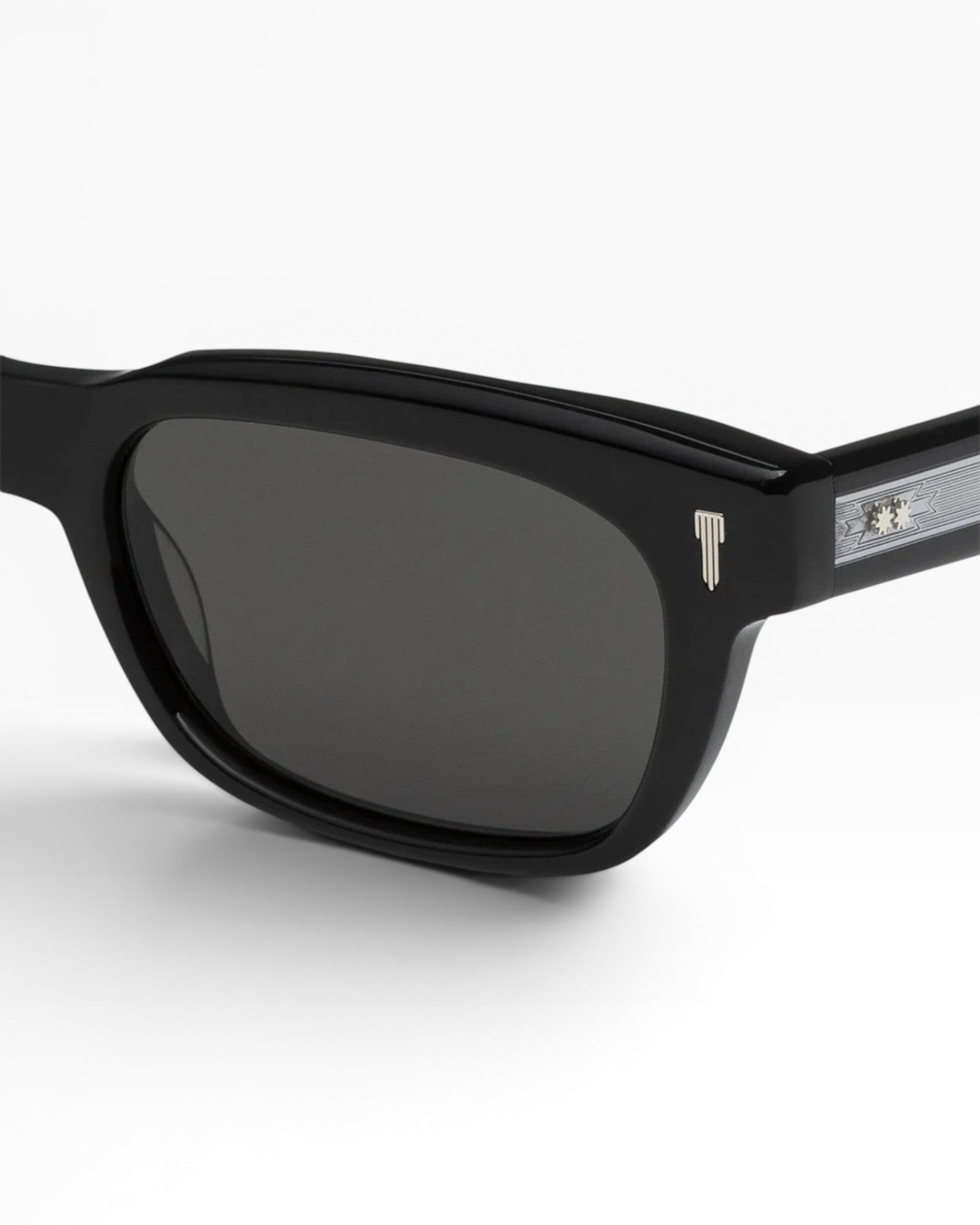 Black sunglasses with a logo on a white background