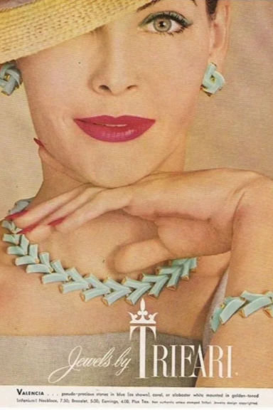 Vintage advertisement for Trifari jewelry featuring a woman wearing a necklace and earrings.