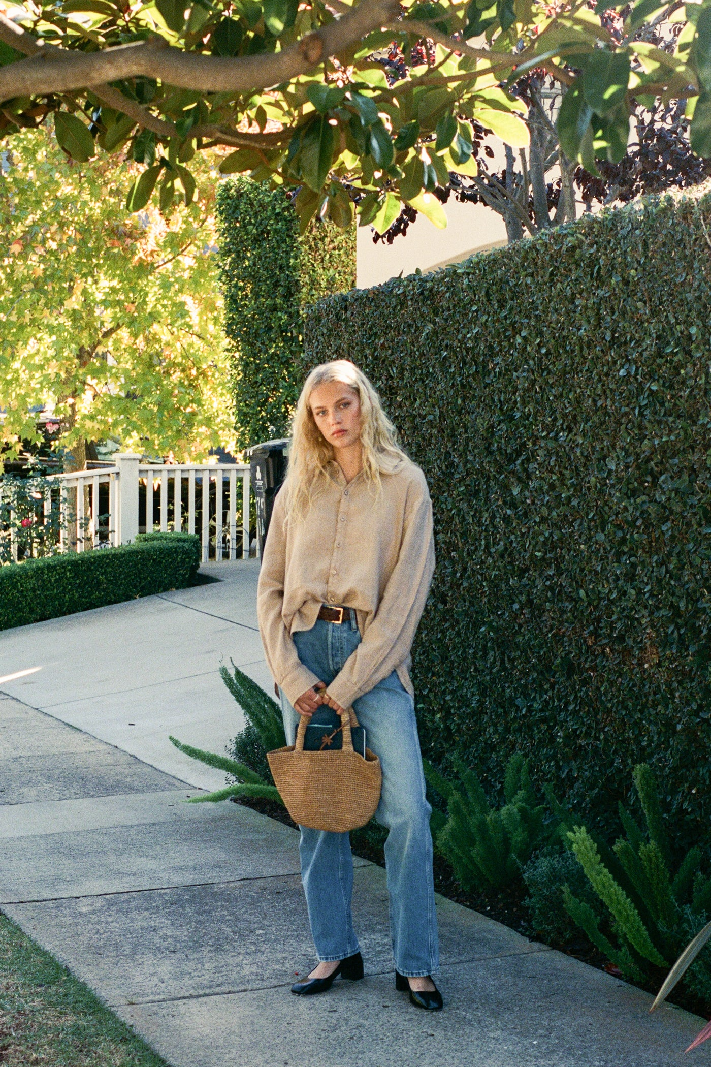 Cecile Oversized Linen Shirt - Toffee styled on model