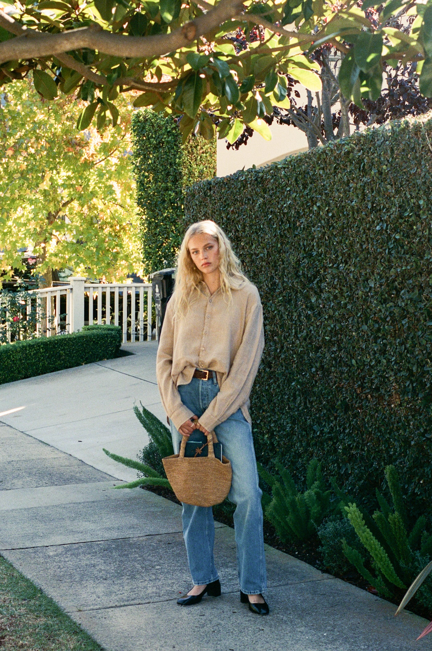 Cecile Oversized Linen Shirt - Toffee styled on model