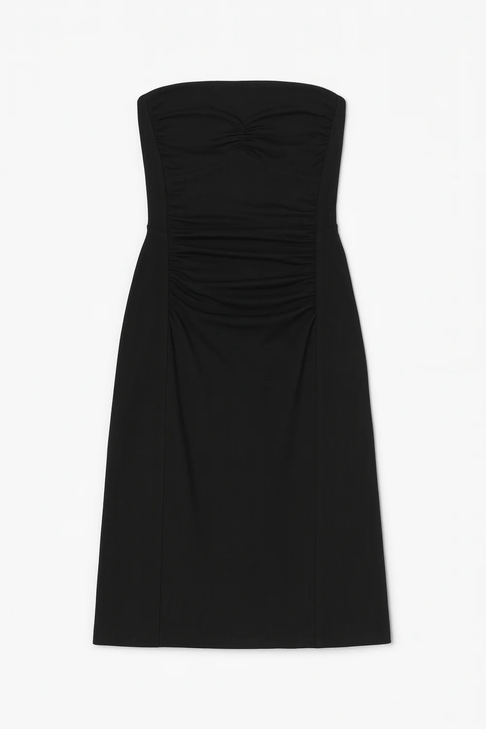 Black strapless dress on a white background