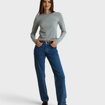 JONES + CO Lisa long sleeve top in griffin grey recycled cotton worn by a model with blue jeans and loafers