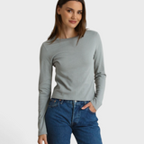 JONES + CO Lisa long sleeve top in griffin grey recycled cotton worn by a model with blue jeans