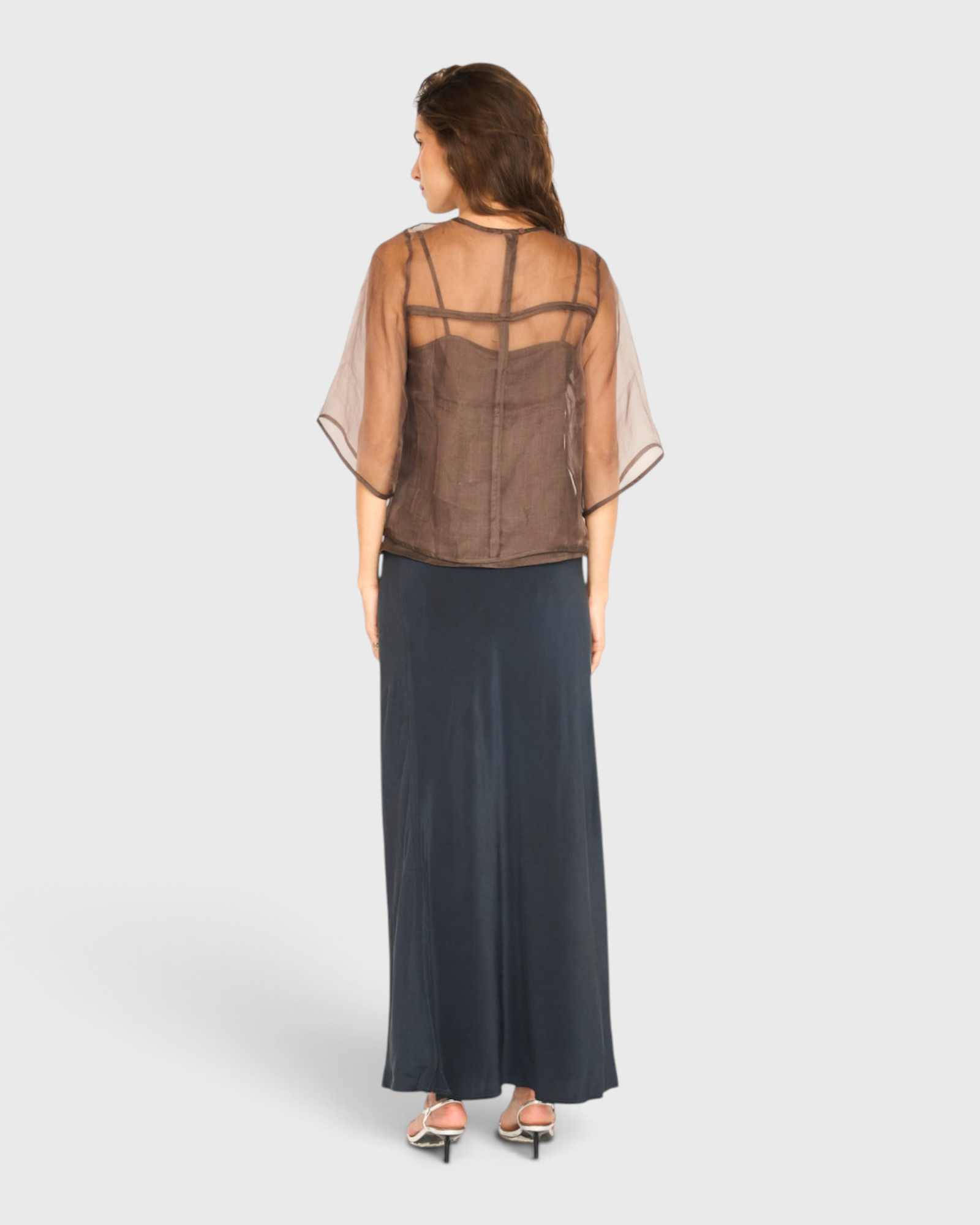 MIRTH Organza Field Top in Cocoa — worn, full length
