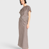 MIRTH Marais Silk Top in Shadowline Plaid — worn, three-quarter view