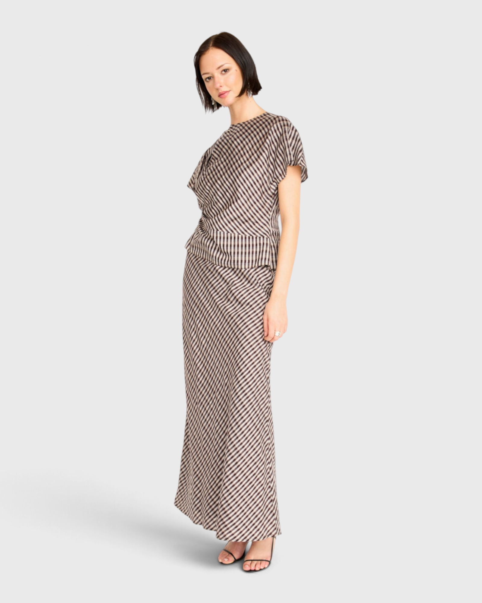 MIRTH Marais Silk Top in Shadowline Plaid — worn, three-quarter view