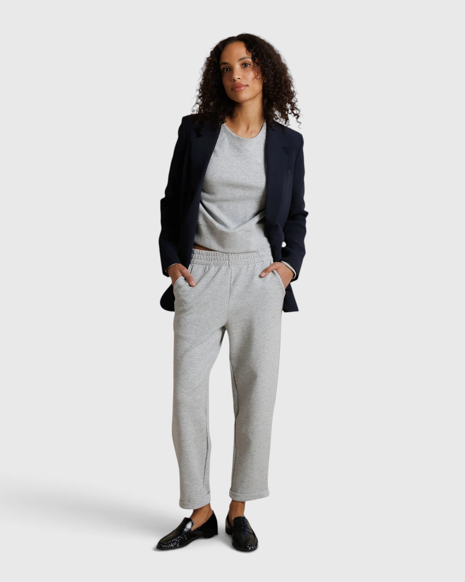 Perfect White Tee Sutton Pant in Heather Grey — styled front view with blazer