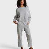 Perfect White Tee Sutton Pant in Heather Grey — styled front view with cropped sweatshirt