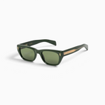JONES + CO Parker cat-eye sunglasses in British Racing Green with gold hardware and Art-Deco filigree temple details.