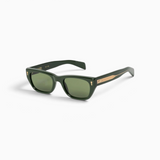 JONES + CO Parker cat-eye sunglasses in British Racing Green with gold hardware and Art-Deco filigree temple details.
