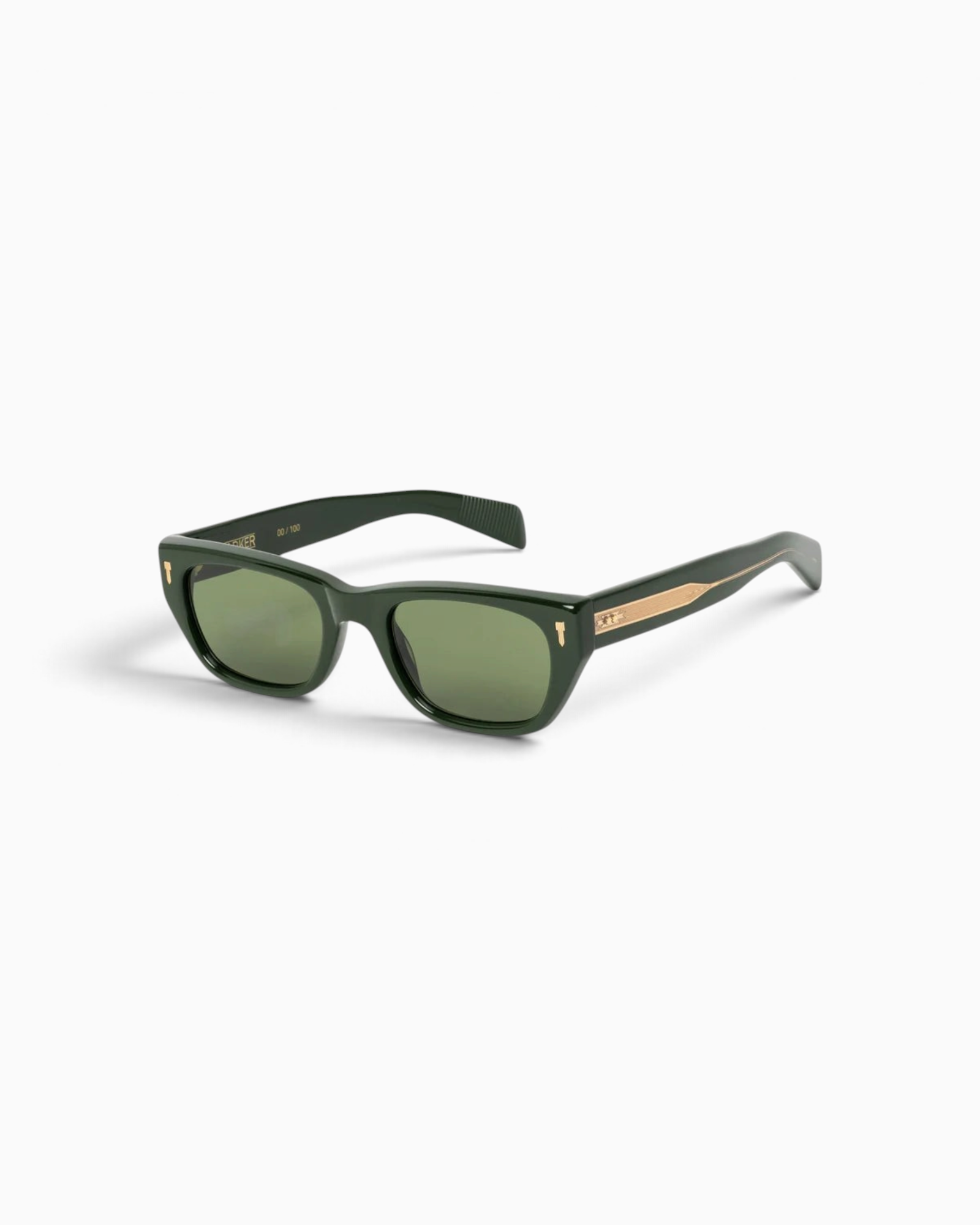 JONES + CO Parker cat-eye sunglasses in British Racing Green with gold hardware and Art-Deco filigree temple details.