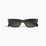 JONES + CO Parker cat-eye sunglasses in British Racing Green with gold hardware and Art-Deco inspired pin ornaments.