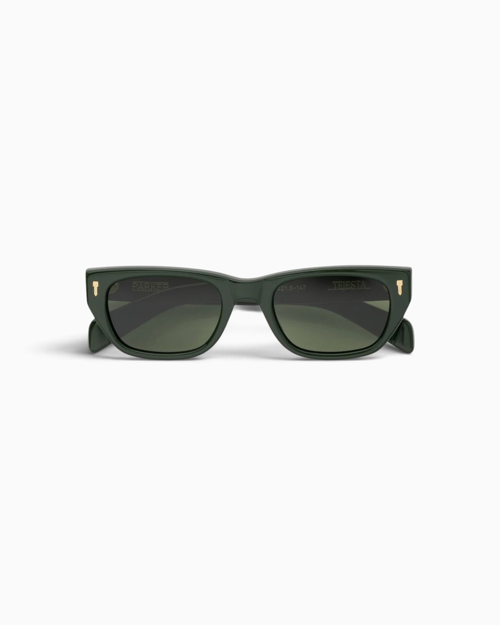 JONES + CO Parker cat-eye sunglasses in British Racing Green with gold hardware and Art-Deco inspired pin ornaments.