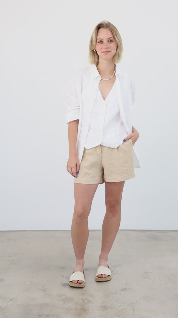 Cecile Oversized Linen Shirt - White product video 