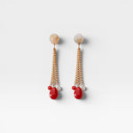 JONES + CO Bootes Earrings: Cream multi-colored spherical stud drop earrings with gold chains and red acrylic charms.
