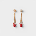 JONES + CO Bootes Earrings: Cream multi-colored spherical stud drop earrings with gold chains and red acrylic charms.