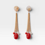 JONES + CO Bootes Earrings: Cream multi-colored spherical stud drop earrings with gold chains and red acrylic charms.