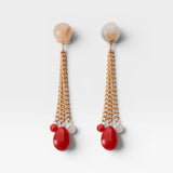 JONES + CO Bootes Earrings: Cream multi-colored spherical stud drop earrings with gold chains and red acrylic charms.