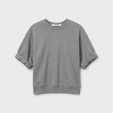 JONES + CO Rebecca French terry sweatshirt in griffin grey with three-quarter puff sleeves and a crew neckline.