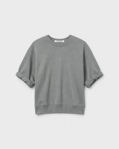 JONES + CO Rebecca French terry sweatshirt in griffin grey with three-quarter puff sleeves and a crew neckline.